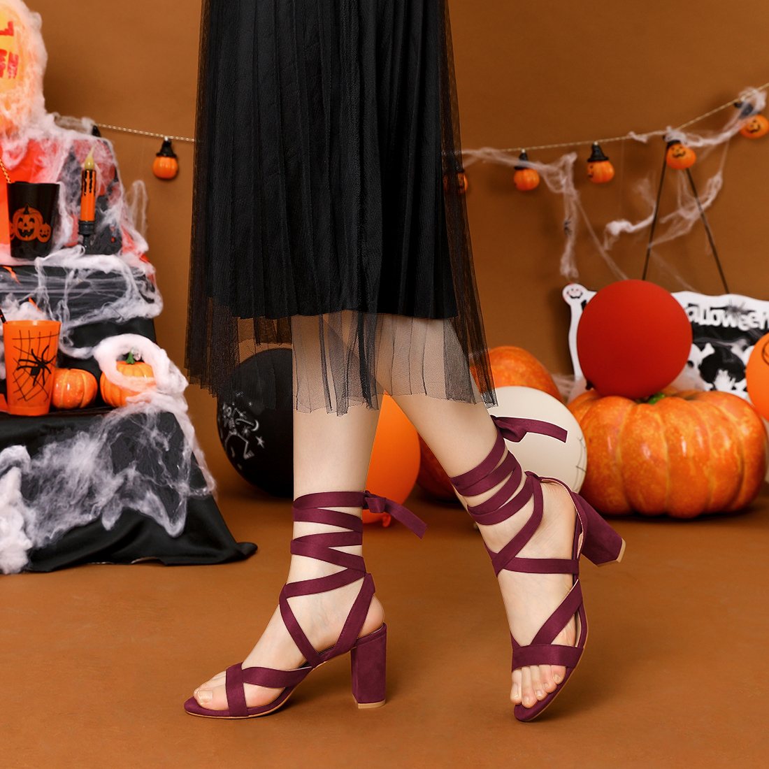 DARING DIVA Women's Open Toe Crisscross Lace Up Chunky Heel Sandals Burgundy 8.5