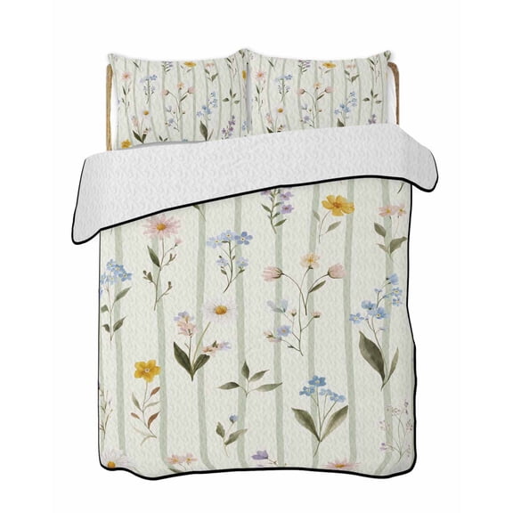 Full Size Quilt Bedding Set, Spring Floral Reversible Summer Quilt 3 Pieces, Summer Botanical Sage Green Striped Lightweight Bedspreads Coverlets with 2 Pillow Shams for All Seasons