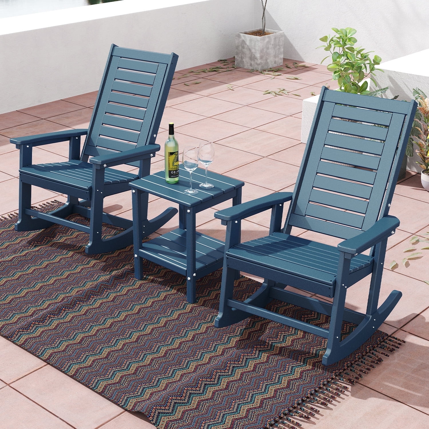 FODINGHILL Outdoor Rocking Chair Set,2 Rocking Chairs with 1 Side Table,HDPE Patio Furniture Sets,High Back Porch Rocker,2-Tier End Table for Backyard Garden Balcony,Blue