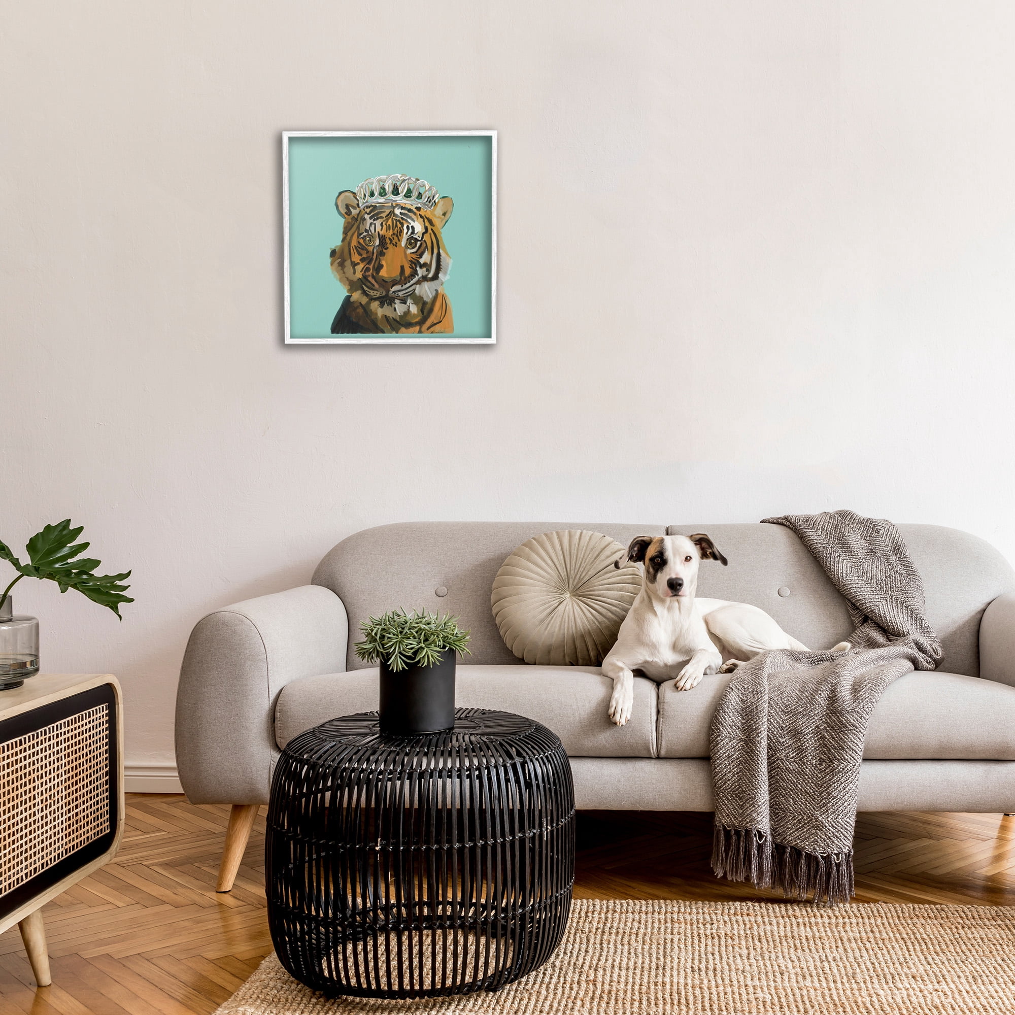 Stupell Industries Tiger Wearing Crown Animals & Insects Painting White Framed Art Print Wall Art, 24 x 24