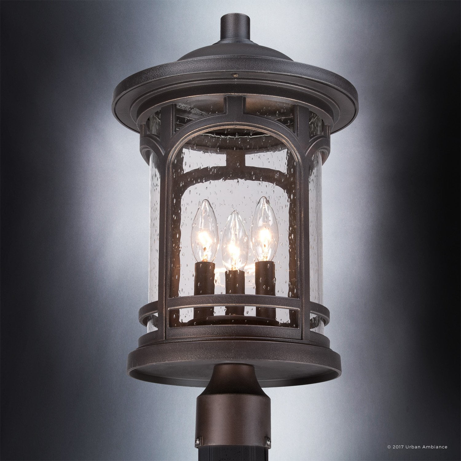Urban Ambiance Luxury Rustic Outdoor Post Light, Medium Size: 19"H x 11"W, with Colonial Style Elements, Wrought Iron Design, Oil Rubbed Parisian Bronze Finish and Seeded Glass, UQL1107