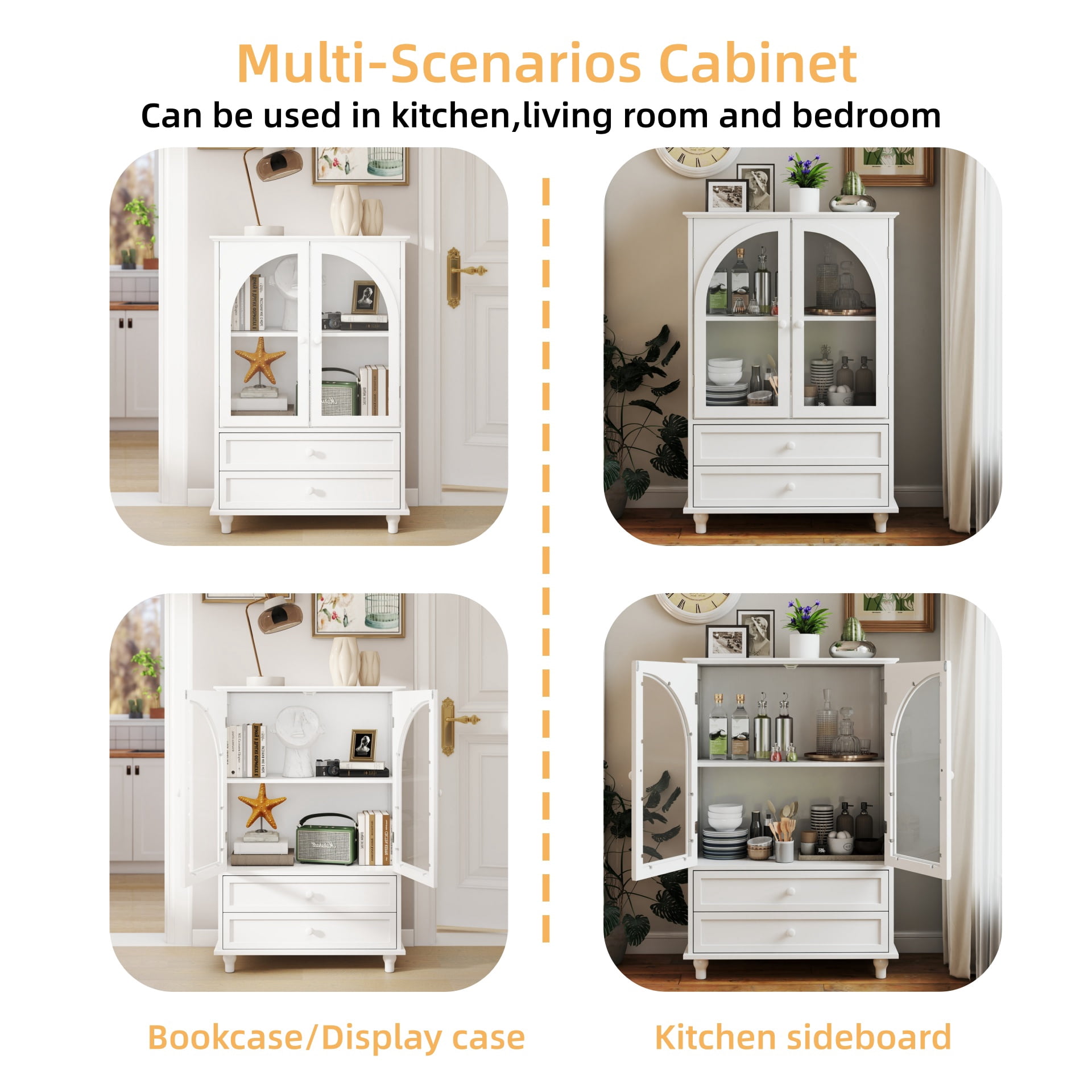 Aukfa Buffet Pantry Cabinet,Arched Glass Door Wood Sideboard Storage Cabinet for Dining Room Hallway Entryway,White