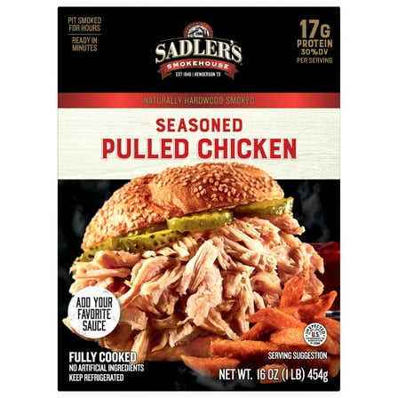 SADLER'S SMOKEHOUSE Seasoned Pulled Chicken, Refrigerated, 16 oz Plastic Vacuum Sealed Pakage