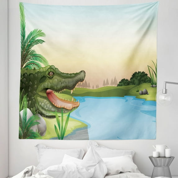 Reptile Tapestry, Illustration of Exotic Crocodile at the River with Palm Trees Humor Summer Design, Fabric Wall Hanging Decor for Bedroom Living Room Dorm, 5 Sizes, Green Blue, by Ambesonne