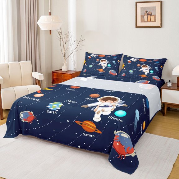 jejeloiu Cartoon Astronaut Twin Sheet Sets,Outer Space Twin Fitted Sheet,Galaxy Planet Flat Sheet For Boys,Microfiber Bedroom Decor,3-Piece