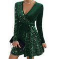thumbnail image 2 of BAETEUY Women Dress V Neck Lace-up Tight Waist Sequin Decor A-line, 2 of 8