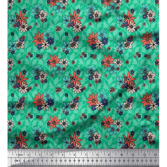 Soimoi Velvet Fabric Honey Bee & Floral Artistic Print Sewing Fabric Yard 58 Inch Wide