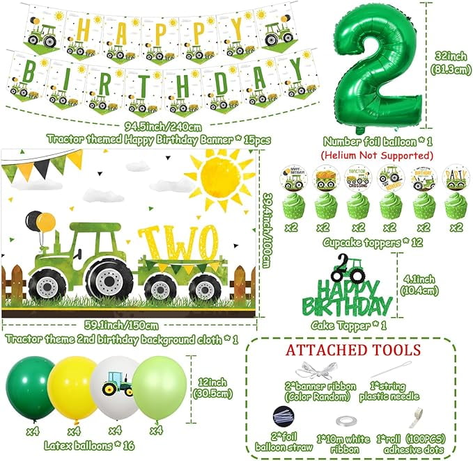 Tractor 2nd Birthday Decorations, Tractor Birthday Backdrop Green Tractor 2nd Birthday Cupcake Cake Toppers Balloon Garland Arch Kit for Boys Tractor Theme 2nd Birthday Party Supplies