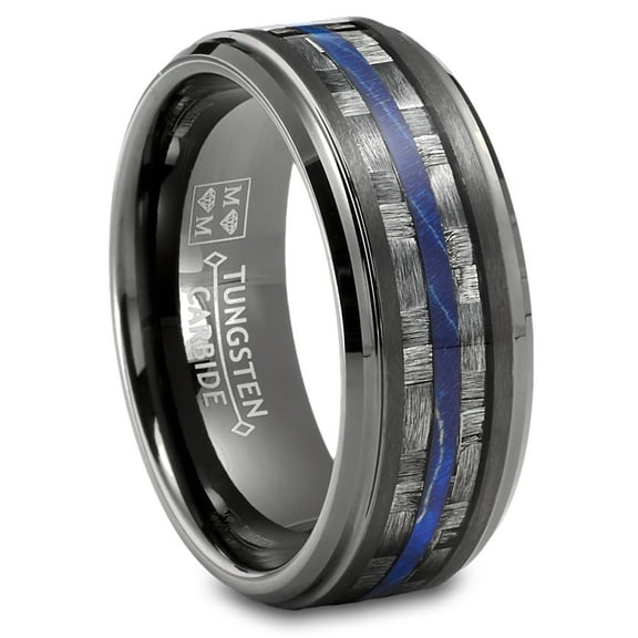 Metal Masters Mens Carbon Fiber Tungsten Carbide Ring Blue Wood Wedding Band Gunmetal 8mm