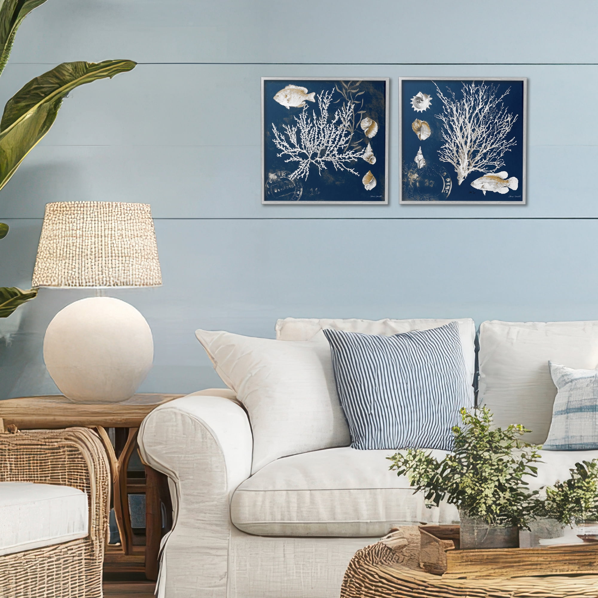 Stupell Industries Navy Coral Medley 2 Piece Gray Framed Giclee Art Set, design by Lanie Loreth