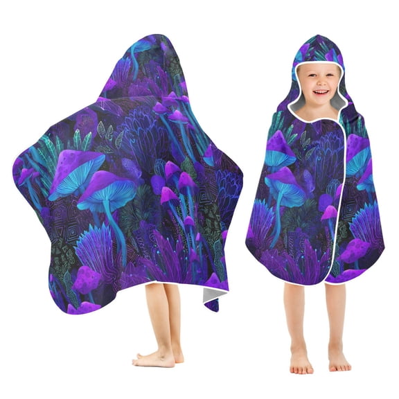 Yayeee Kids Hooded Towel with Hand Pockets Beach Soft Absorbent Bath Wrap 50 x 23.5 inch, Night Mushrooms Pattern