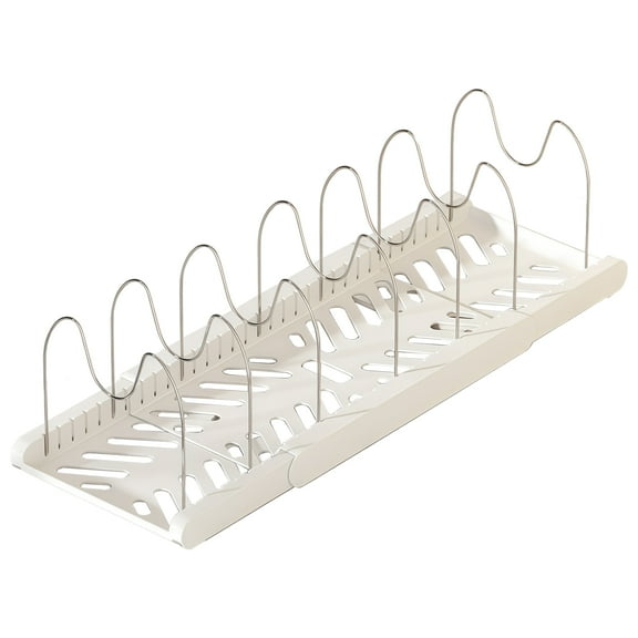 Expandable Cookware Organizer Rack for Kitchen Cabinets, Adjustable Pot and Pan Storage, White HIPS and Stainless Steel, Includes 7 Adjustable Dividers for Pot Lid Storage