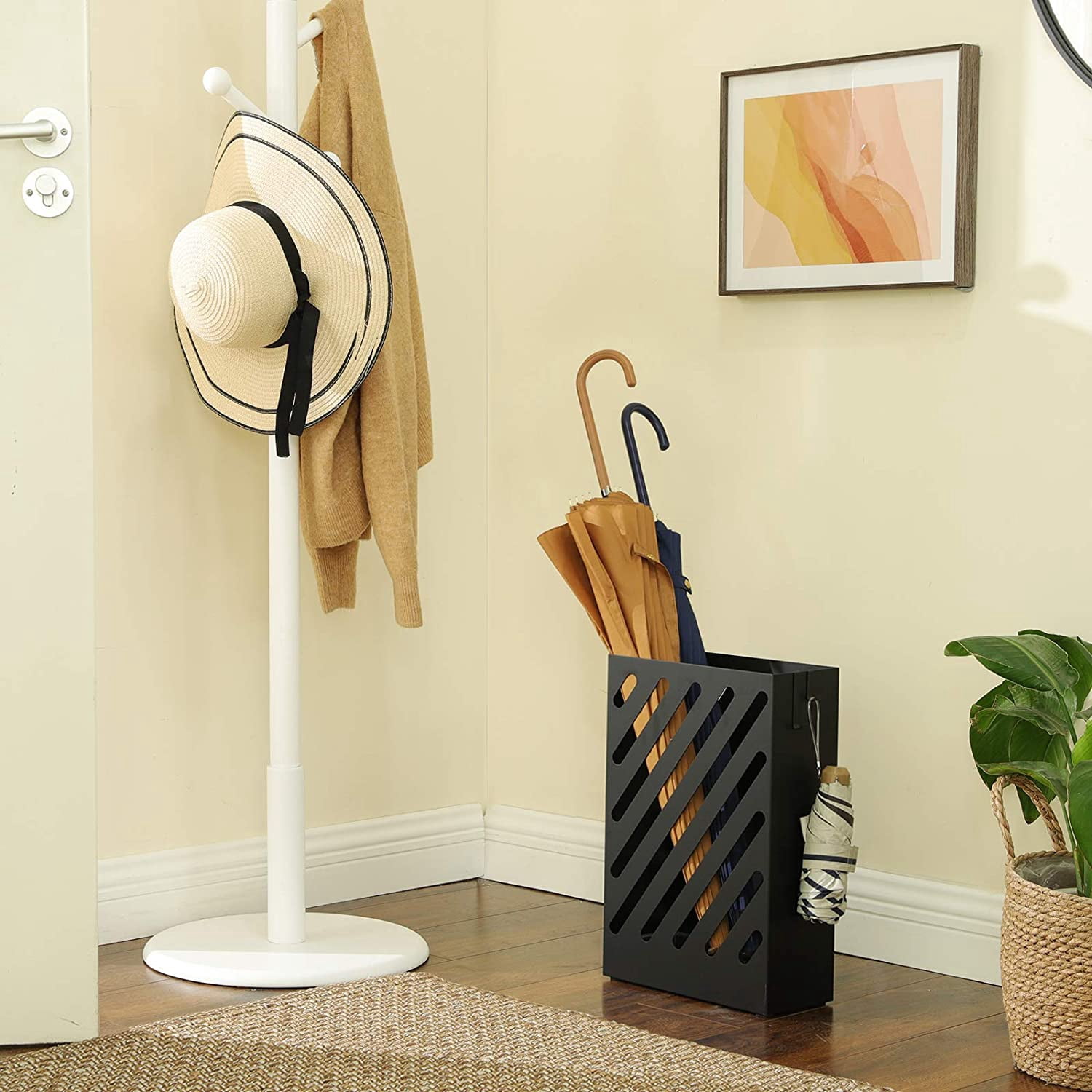 Metal Umbrella Stand, Rectangular Umbrella Holder Rack, with a Removable Drip Tray, 4 Hooks, Hollow-Out Design, for Entryway, Office, Black ULUC03BK