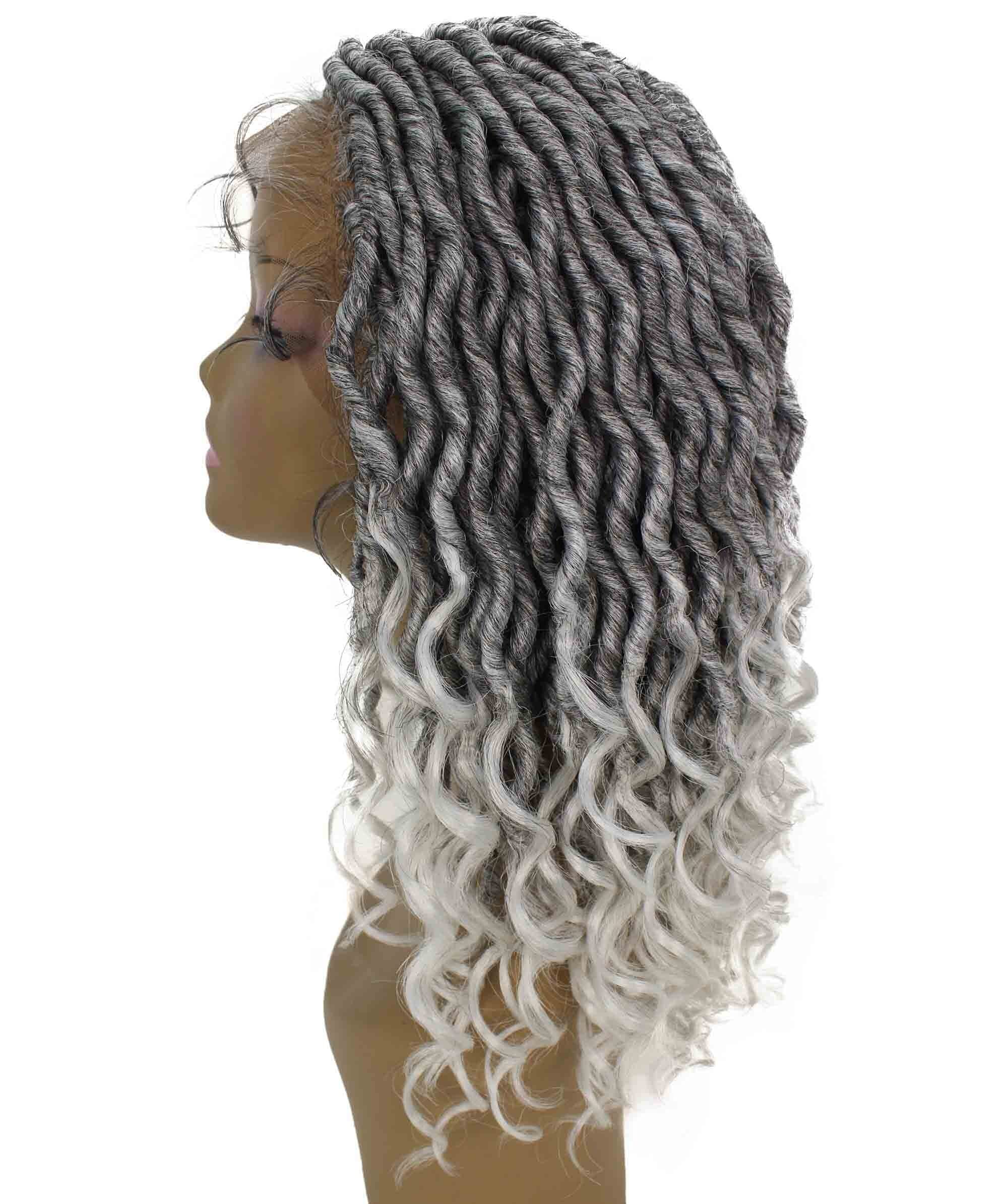LUXLUXE Andrea Curly Long 4X4 Hand Tied Lace Braid Braided Wig, Beauty Heat Resistant Fiber, Black To White Ombre