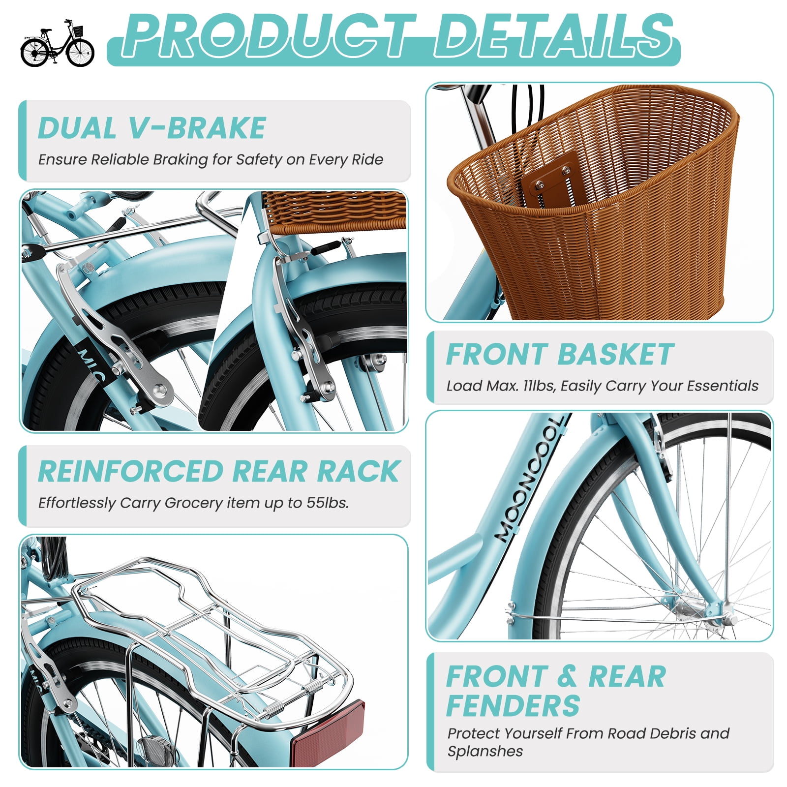 MOONCOOL 24/26 Inch Cruiser Bike for Women, 7 Speed Step-Through Bicycle with Basket, Rear Rack & Lock, Retro City Bike for Adults