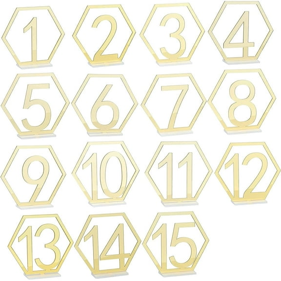 Auch 15 Pieces Gold Edge 1-15 Wedding Acrylic Cut-out Table Numbers with Stand Holders Hexagon Tables Centerpieces for Wedding Reception Decorations