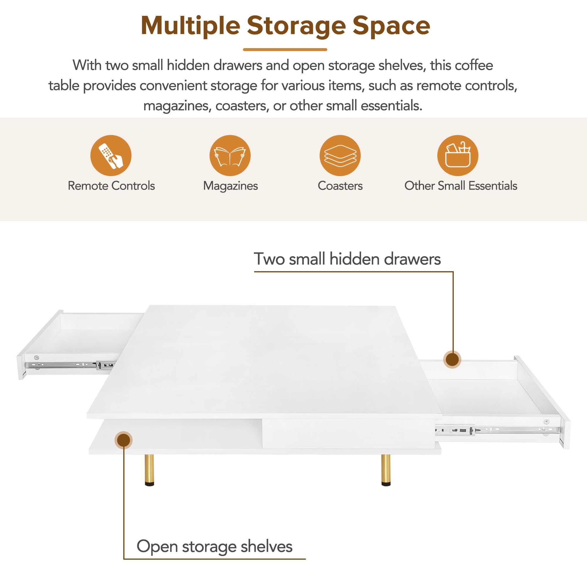 MAYEERTY High Gloss White Coffee Table with 4 Golden Legs, 2 Small Drawers, 2-Tier Square Center Table for Living Room, Modern Storage Table with Open Shelves, Elegant Coffee Table with Storage,White