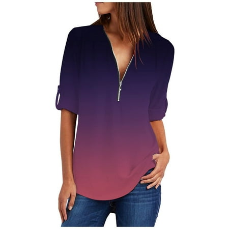 

Workout Tops for Women Going Out Tops for Women Women s Summer Shirts Zip Casual Tunic V-Neck Rollable Blouse Tops T-Shirt Western Shirts for Women on Clearance Workout Shirts for Women Purple L