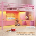 thumbnail image 6 of Mabor Twin Size Low Loft Bed with 6 Storage Drawers,Twin Loft Bed with Bookcase & LED Lights, Upholstered Headboard, Secret Play Space, Metal Bed Frame with Safety Guardrail & Inclined Ladder,Pink, 6 of 9