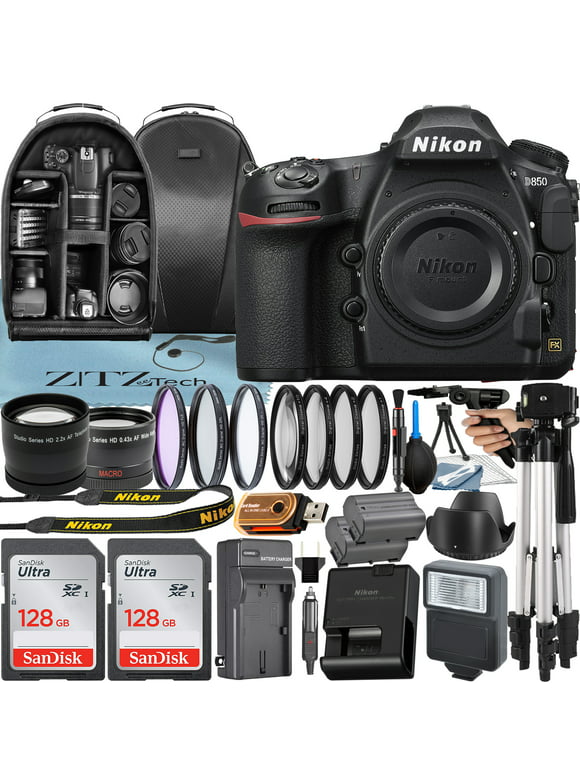 Nikon D850 DSLR Camera (Body Only) with 45.7MP CMOS Sensor + SanDisk 128GB Card + Case + Telephoto + Tripod + ZeeTech Accessory Bundle