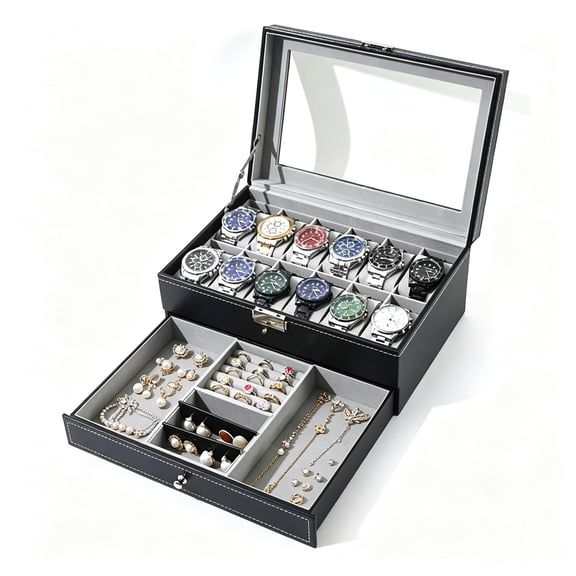 2-Tier Watch Storage Case with Glass Lid, Lockable Jewelry Display Box for Men Watches, Jewelry, Rings, Sunglasses & Accessories