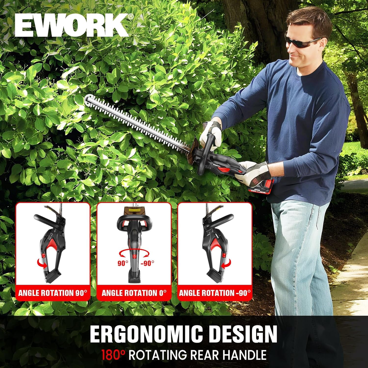 EWORK 22-Inch Cordless Hedge Trimmer, 20V Battery Powered Bush Trimmer, Lightweight Handheld Shrub Trimmer with 2 Batteries and Charger, 5/8-Inch Cutting Capacity for Garden, Yard (Red)