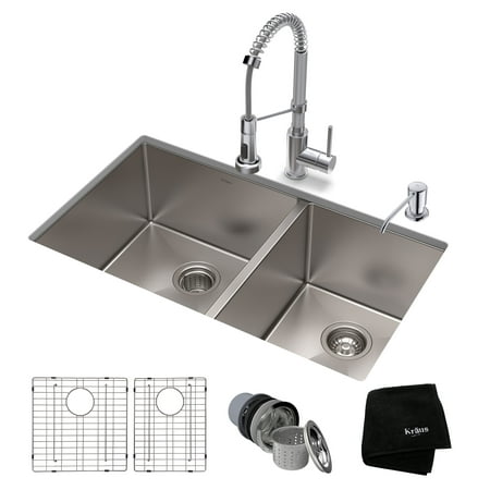 KRAUS Kitchen Set with Standart PRO™ Stainless Steel Farmhouse Kitchen Sink and Bolden™ Commercial Pull-Down Kitchen Faucet in