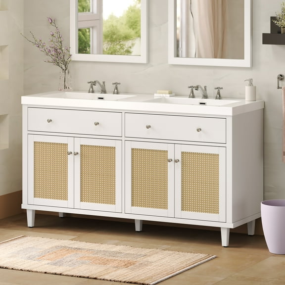 60 Inch Bathroom Vanity with Double Sink, SMC Sink Modern Vanity with Flip-Out Trays, 4 Soft-Close Doors, Solid Wood Legs, Large Storage for Bathroom,White