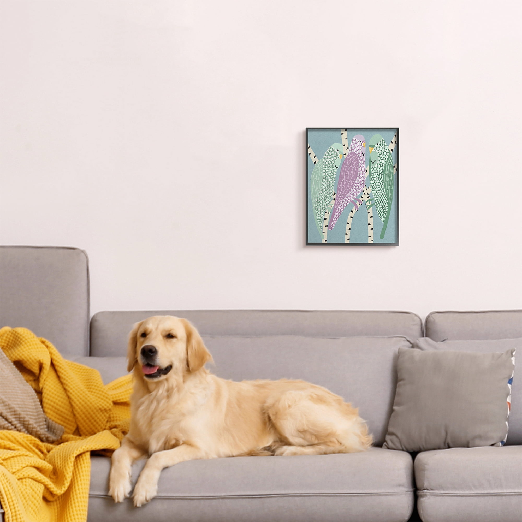 Stupell Industries Parakeets Perched On Birch Purple Green Birds Animals & Insects Painting Black Framed Art Print Wall Art, 11 x 14