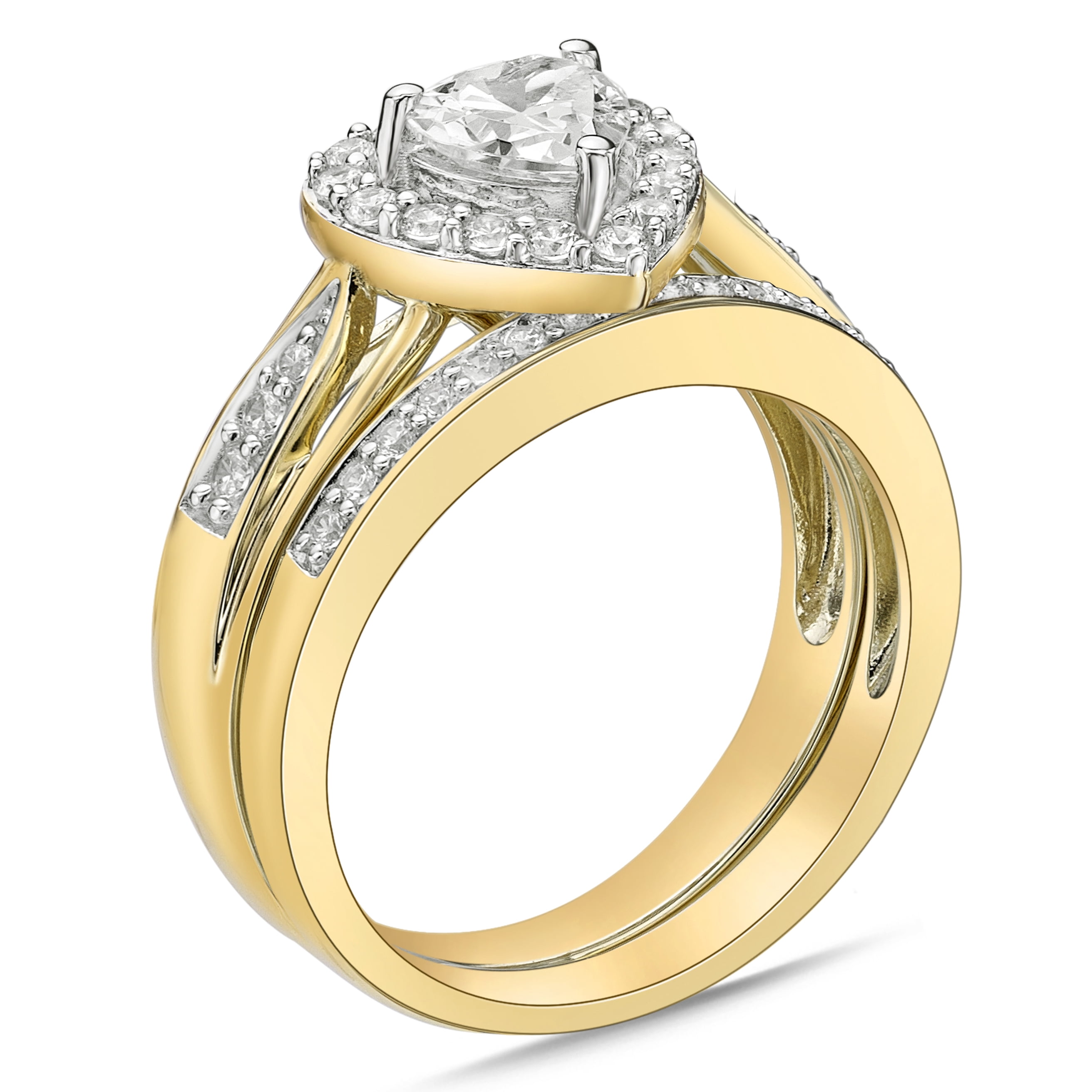 Sterling Silver with 14KY Gold Plated Heart with Halo Simulated Diamond Bridal Set Rings