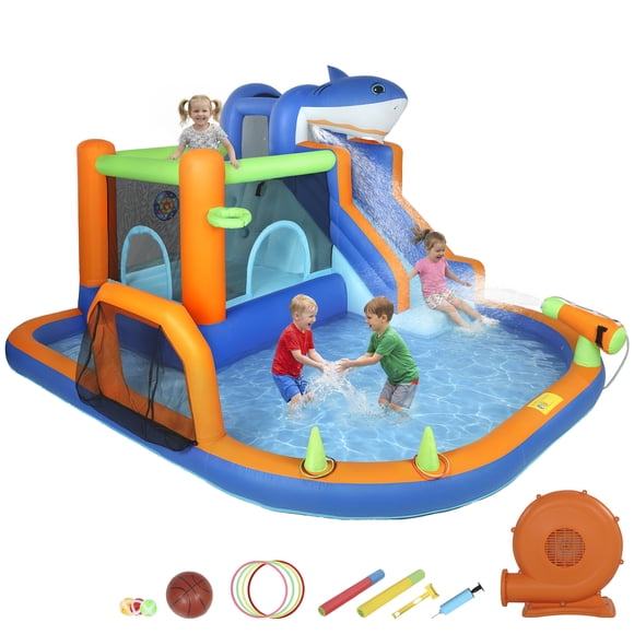 Qaba Maison Gonflable à Thème Requins pour Enfants avec Glissade, Bleu
