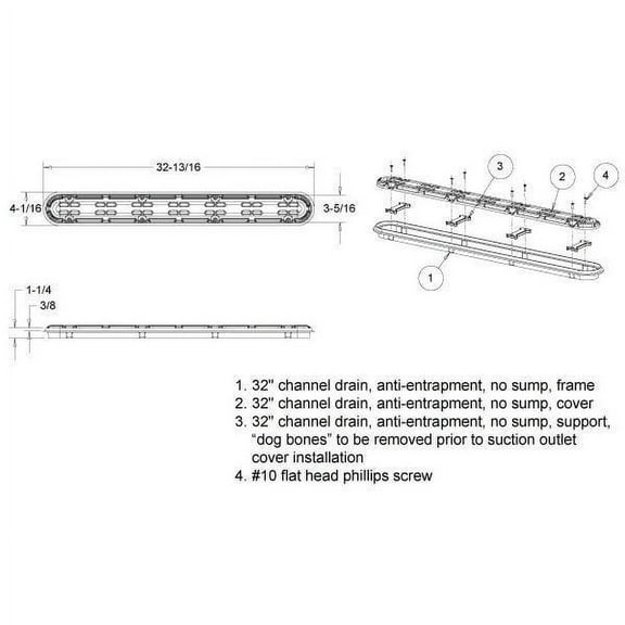 Aquastar 32in. Channel Drain Anti-Entrapment Anti-Vortex Suction Outlet Cover with Frame White 32CDAVFR101