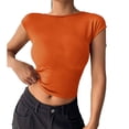 thumbnail image 1 of Blusa de manga corta de punto para mujer, elegante, de color liso, ajustada, con cuello redondo, para citas, color naranja S, 1 of 6