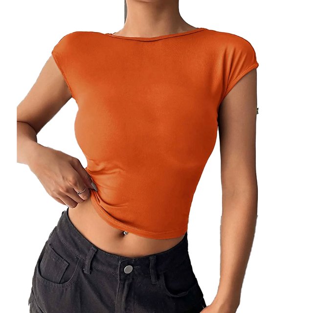 Blusa de manga corta de punto para mujer, elegante, de color liso, ajustada, con cuello redondo, para citas, color naranja S