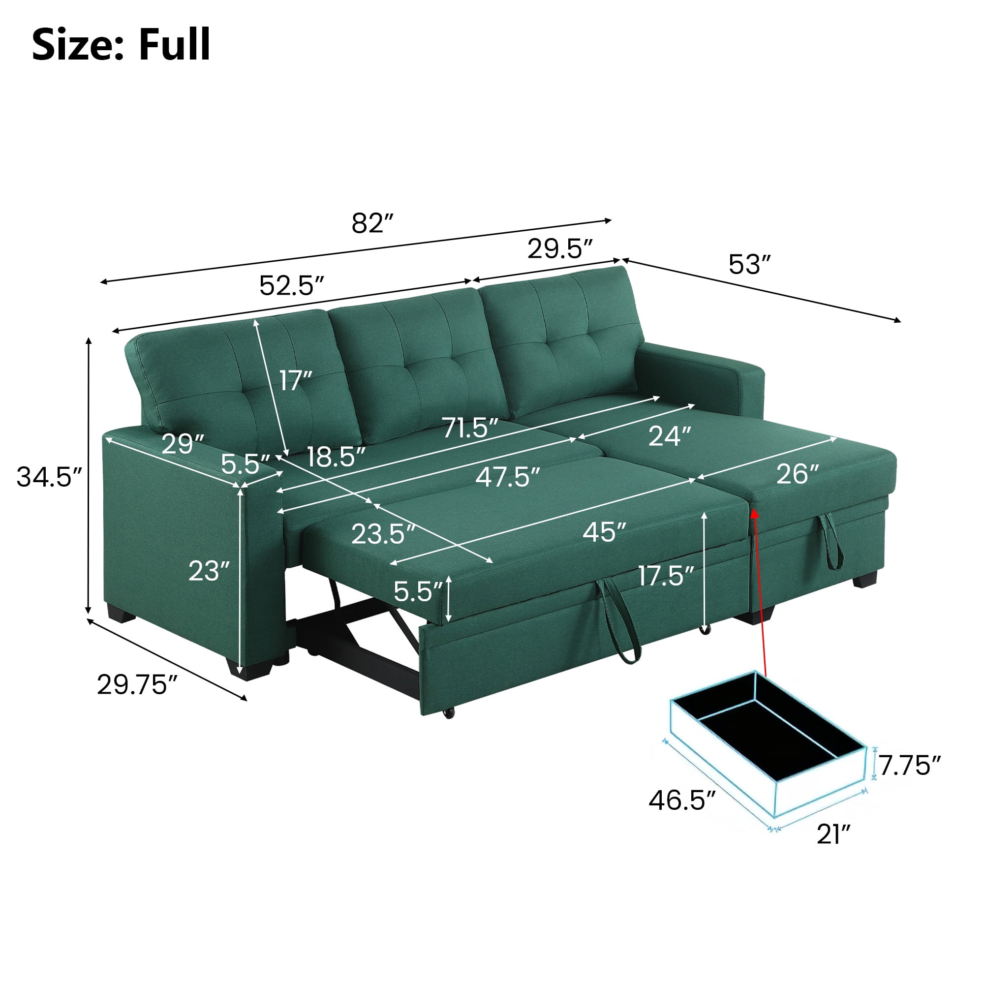 Aukfa 83" Sofa Bed, Sleeper Sofa, Pull Out Bed with Storage Chaise for Living Room, Linen, Green