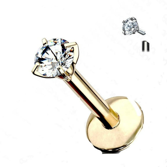 Gold Plated Lip Ring Flat Back With Prong Set Clear CZ Gem 1 Piece (14g) (TL/14/B) (14G 5/16 (1.6 X 8 X4))