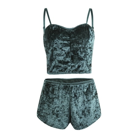 

Douhoow Women Velvet Pajamas Summer Sleepwear Loungewear Sling Crop Top Short Elastic Band Shorts