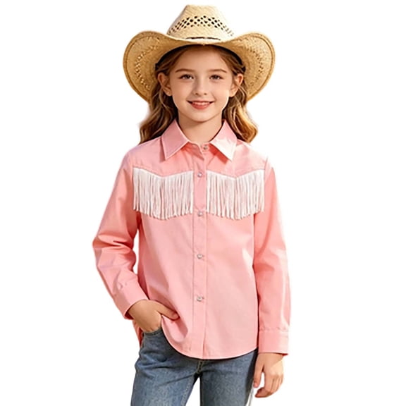 Shinyii Girls Tassel Cowgirl Shirt Long Sleeve Button Down Western Shirt, Pink