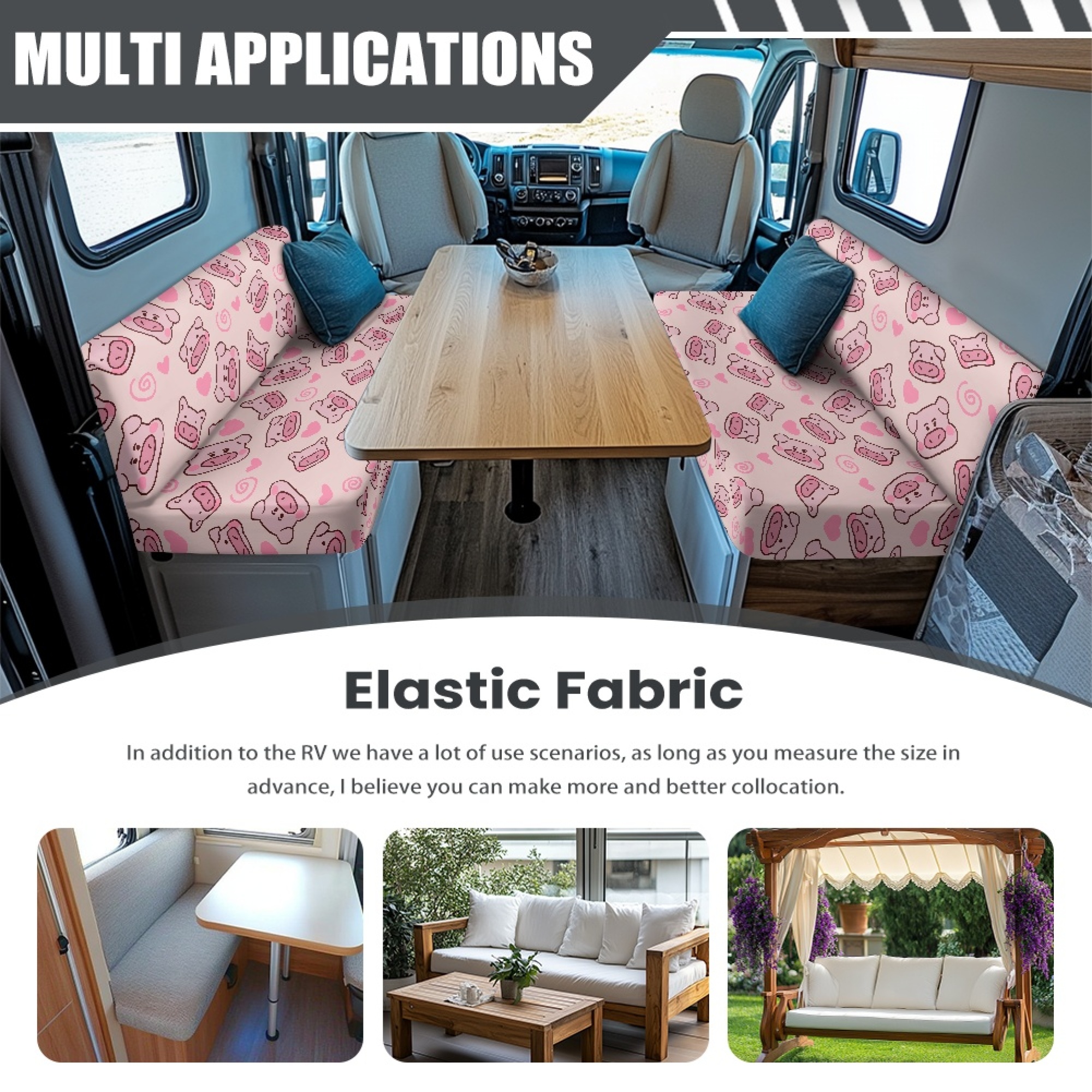 FOR U DESIGNS Pig Heart Print 2 Pack RV Dinette Cushion Covers Stretch Camper Cushion Slipcover Non-Slip RV Couch Cover Sofa Slipover for Travel Trailer Couch