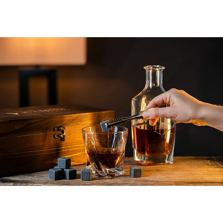 Luxury Whiskey Glass Set of 2, Gift Set in Wooden Box, Includes 9 Whiskey Ice Stones, Velvet Bag and Stainless Steel Tongs. Great Gift for Men, Dad
