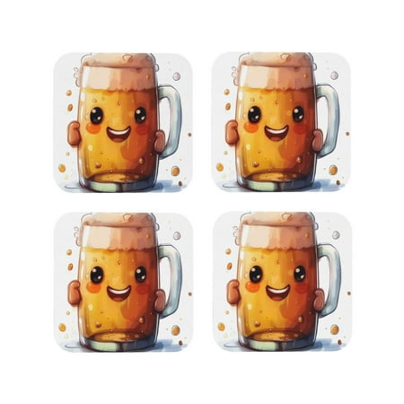 

Tideii Happy Beer Mug Illustration for Leather Coasters 4 Pieces Anti-fouling and Anti-scalding Decorative Coasters Suitable for Restaurants Kitchens Coffee Shops-Square