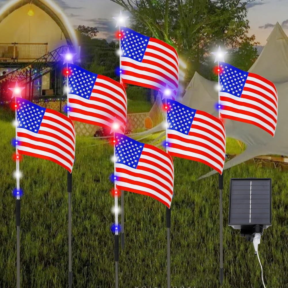 CSSAD 8 Piece Solar US Flag Light Outdoor, American Flags Pole Pathway Lights, Outdoor Garden Waterproof Patriotic LED Star Stake for 250th Anniversary, 4th of July Decoration Solar Flag Lights