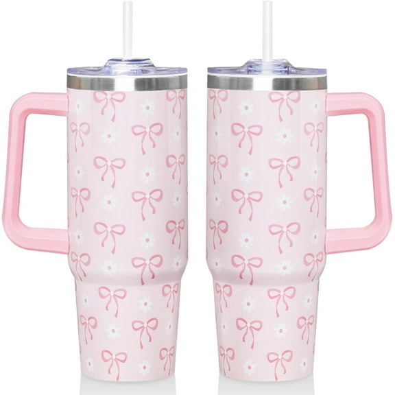 30oz Pink Bow Tumbler - Insulated Stainless Steel Travel Mug with Handle & Straw, Leakproof Coffee Water Cup for Women Girls