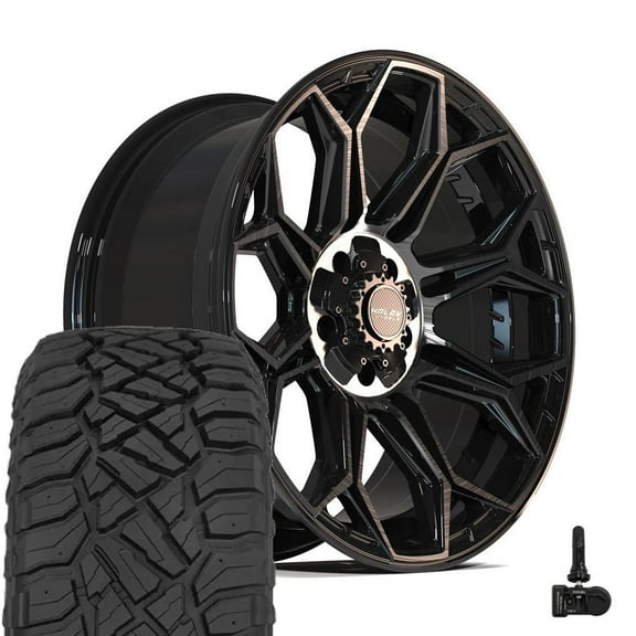 4PLAY Wheels 4P83 20 Inch Rims and Tires Fit 5x127 & 5x139.7 20x9 Gloss Black Brushed with Tinted Clear - TerraMax RT 275/55-20 (Set of 4)