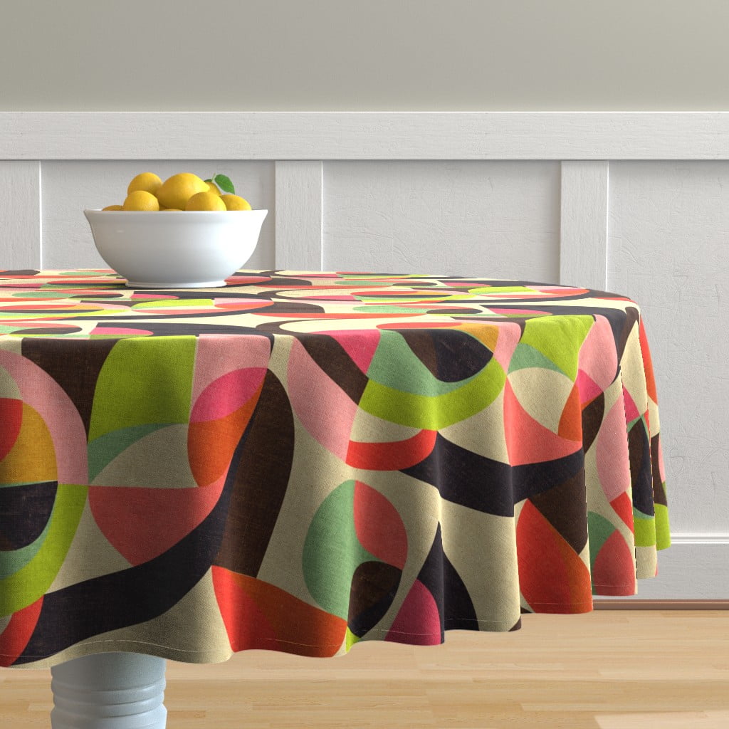 Round Tablecloth Retro Mid Century Mod Geometric Vintage 1950S Cotton Sateen 