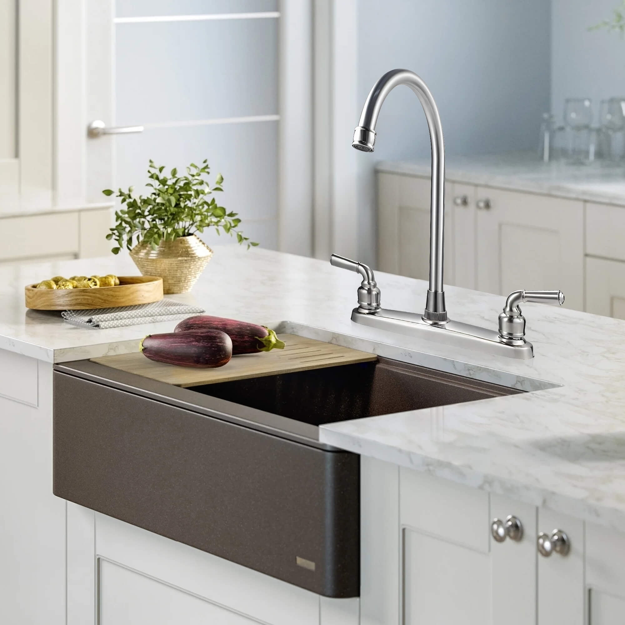 Sentryse 2 Handle Kitchen Sink Faucet, High Arc 360 Swivel Stainless Steel Pipe 3 Hole Kitchen Faucet for RV Laundry Farmhouse Bar Sink, Silver