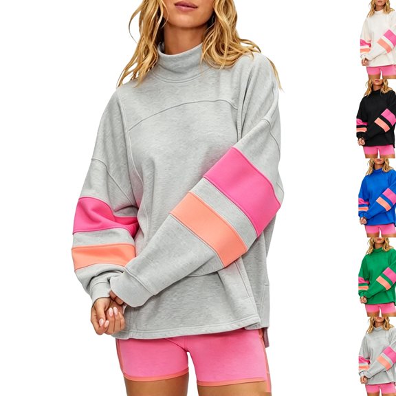 Oversized Color Block Sweatshirts for Womens Mock Neck Pullover Tops Long Sleeve Side Slits Drop Shoulder Shirt with Pockets Light Gray 2XL