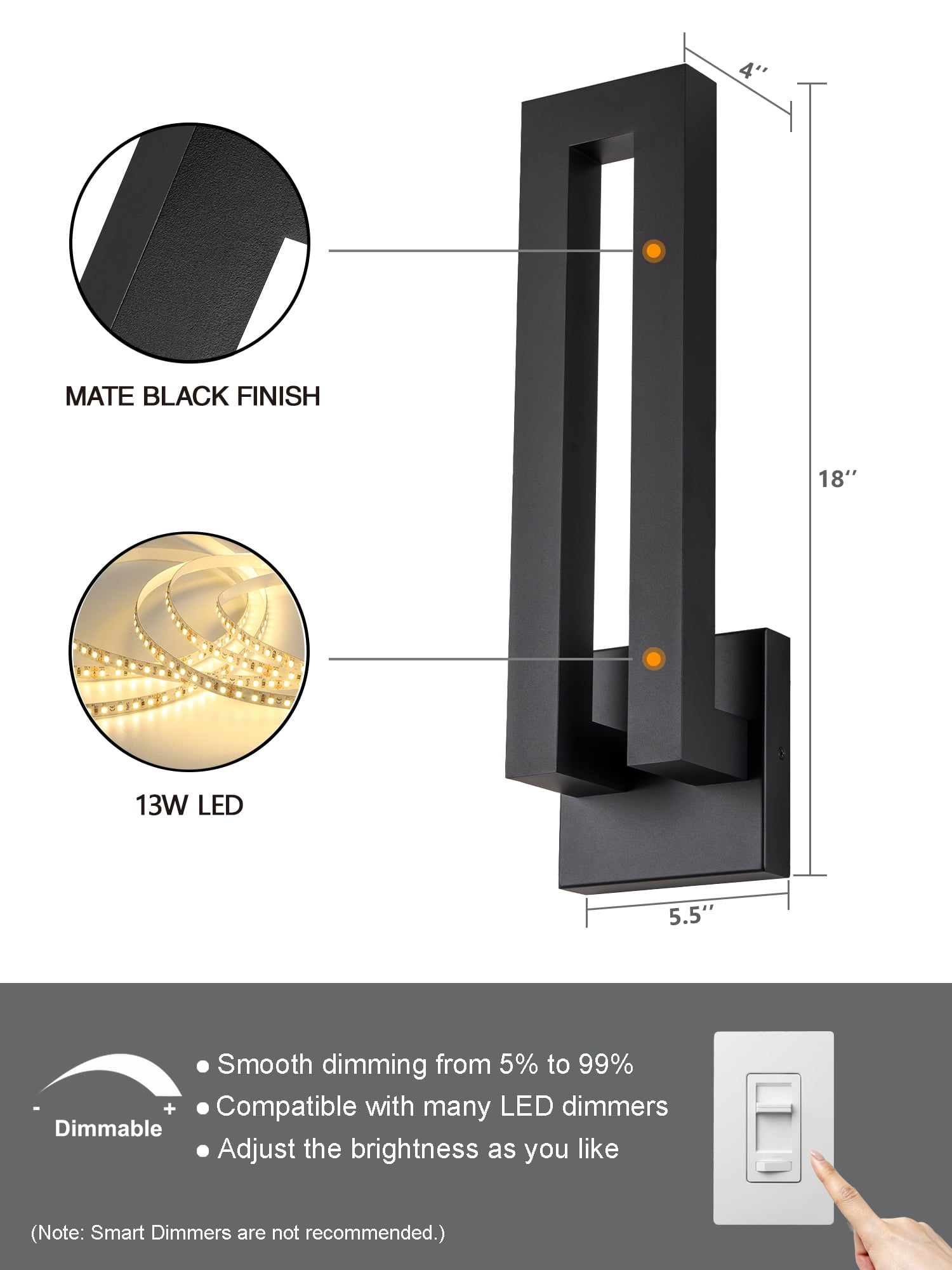 18"H Dimmable Modern LED Wall Sconce