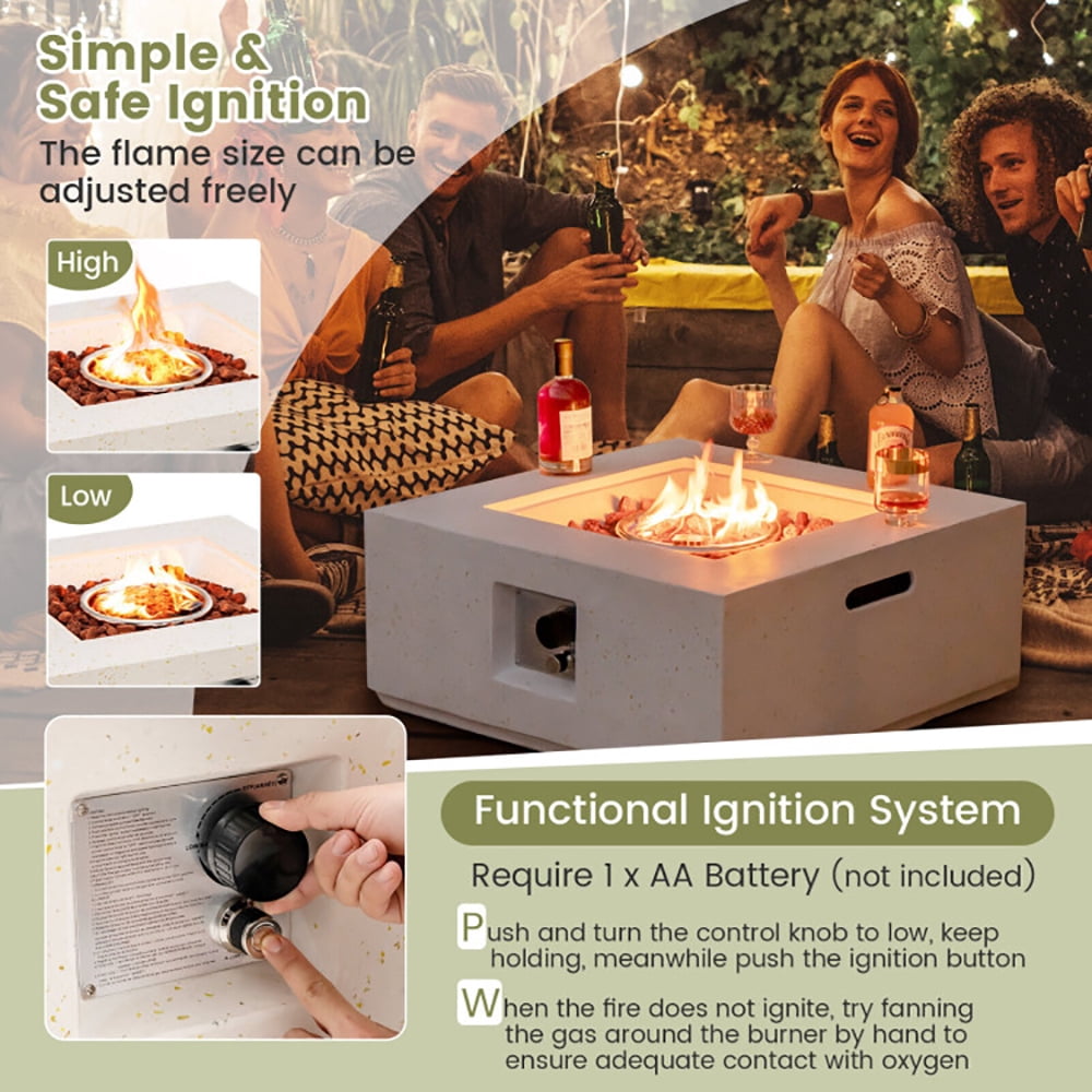 Resenkos Fire Pit, Fire Bowl,Outdoor Firepit,28 Inch 40000 BTU Square Propane Gas Fire Pit with PVC Cover-White