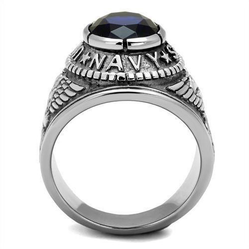 US Navy Ring for Men and Women Unisex Stainless Steel Military Patriotic Ring in Silver with Blue Stone